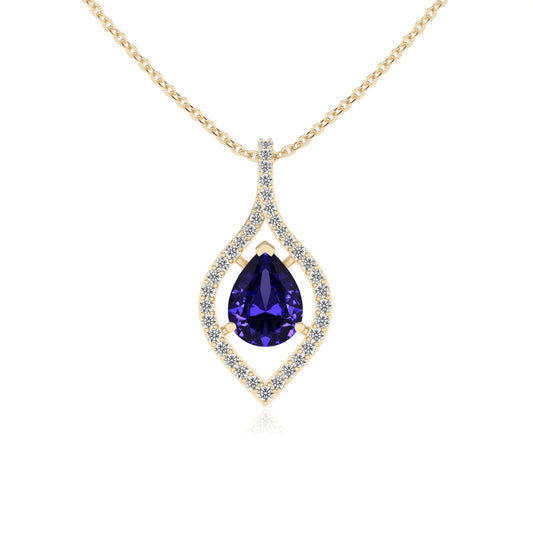 lab grown tanzanite pear infinity necklaces in yellow gold