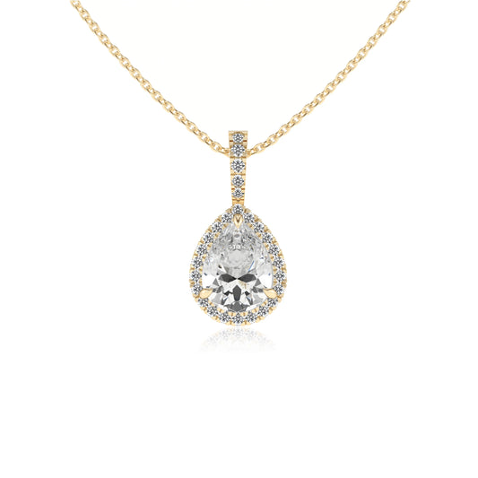 lab grown moissanite pear solitaire necklaces in yellow gold