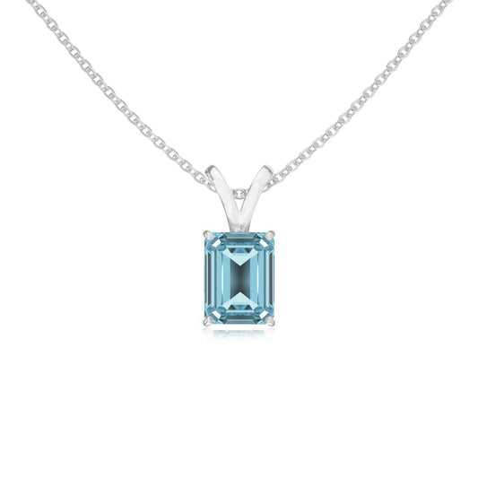 lab grown aquamarine emerald cut solitaire v-bale necklaces in platinum