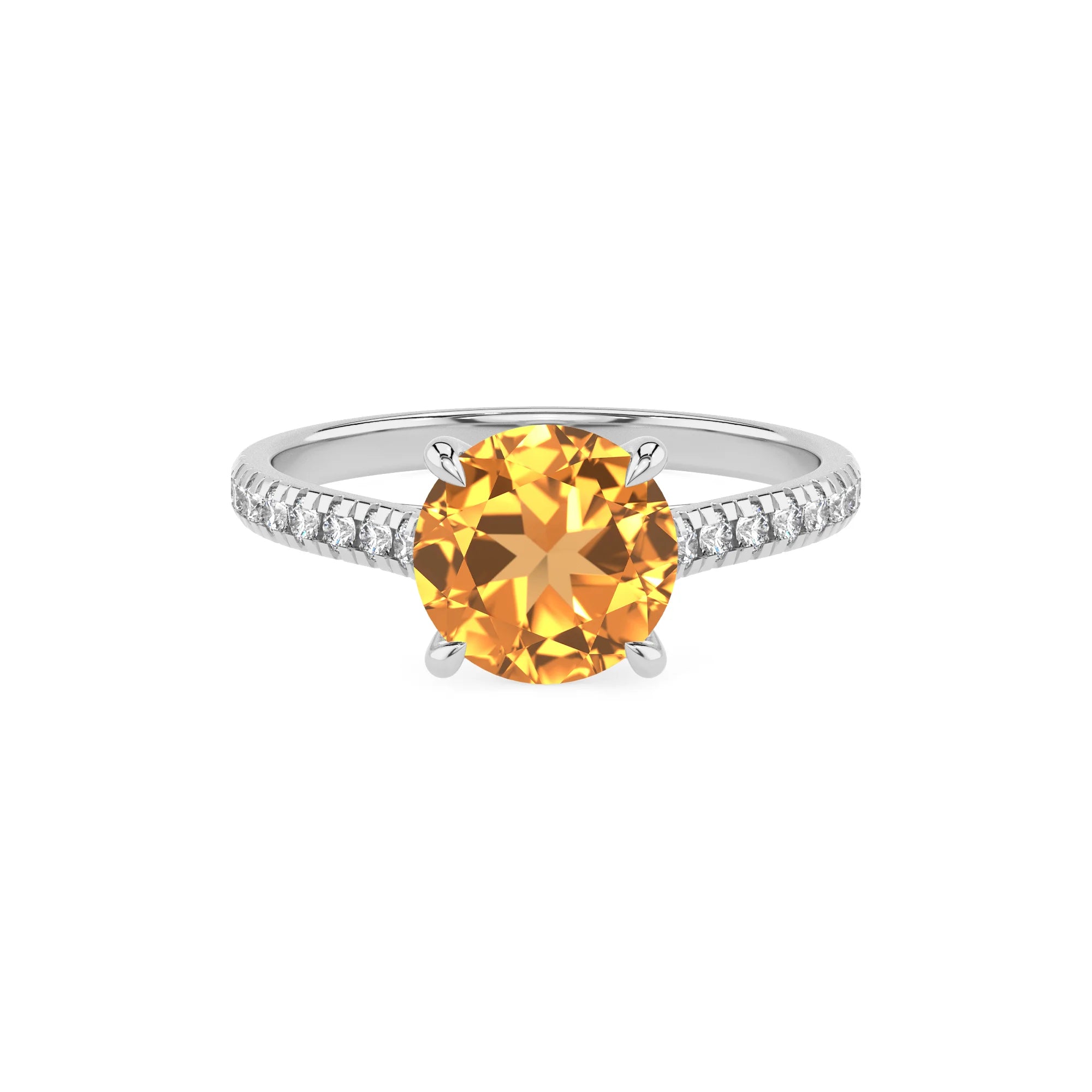 lab grown citrine round half eternity solitaire engagement rings in white gold
