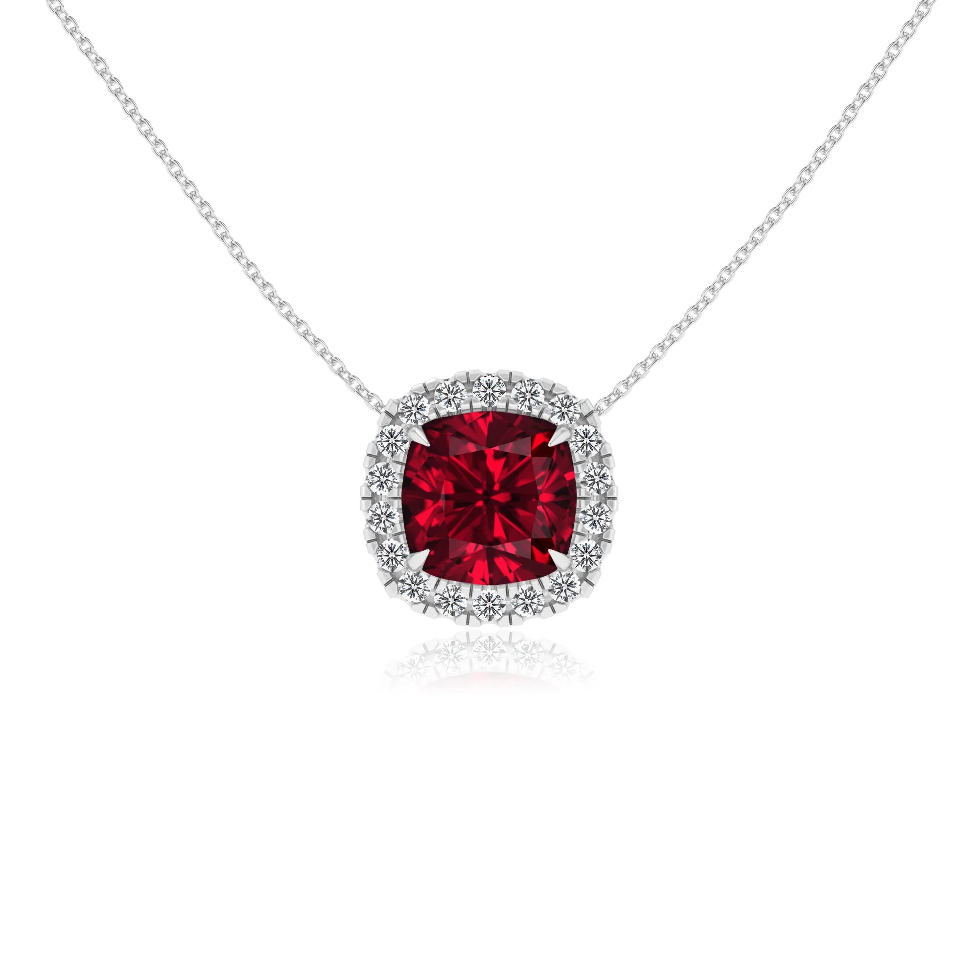 lab grown ruby cushion solitaire necklaces in white gold