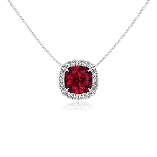 lab grown ruby cushion solitaire necklaces in white gold