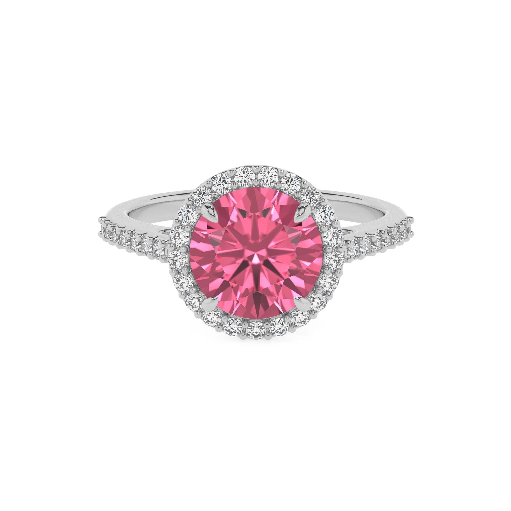 lab grown pink-tourmaline round solitaire rings in white gold