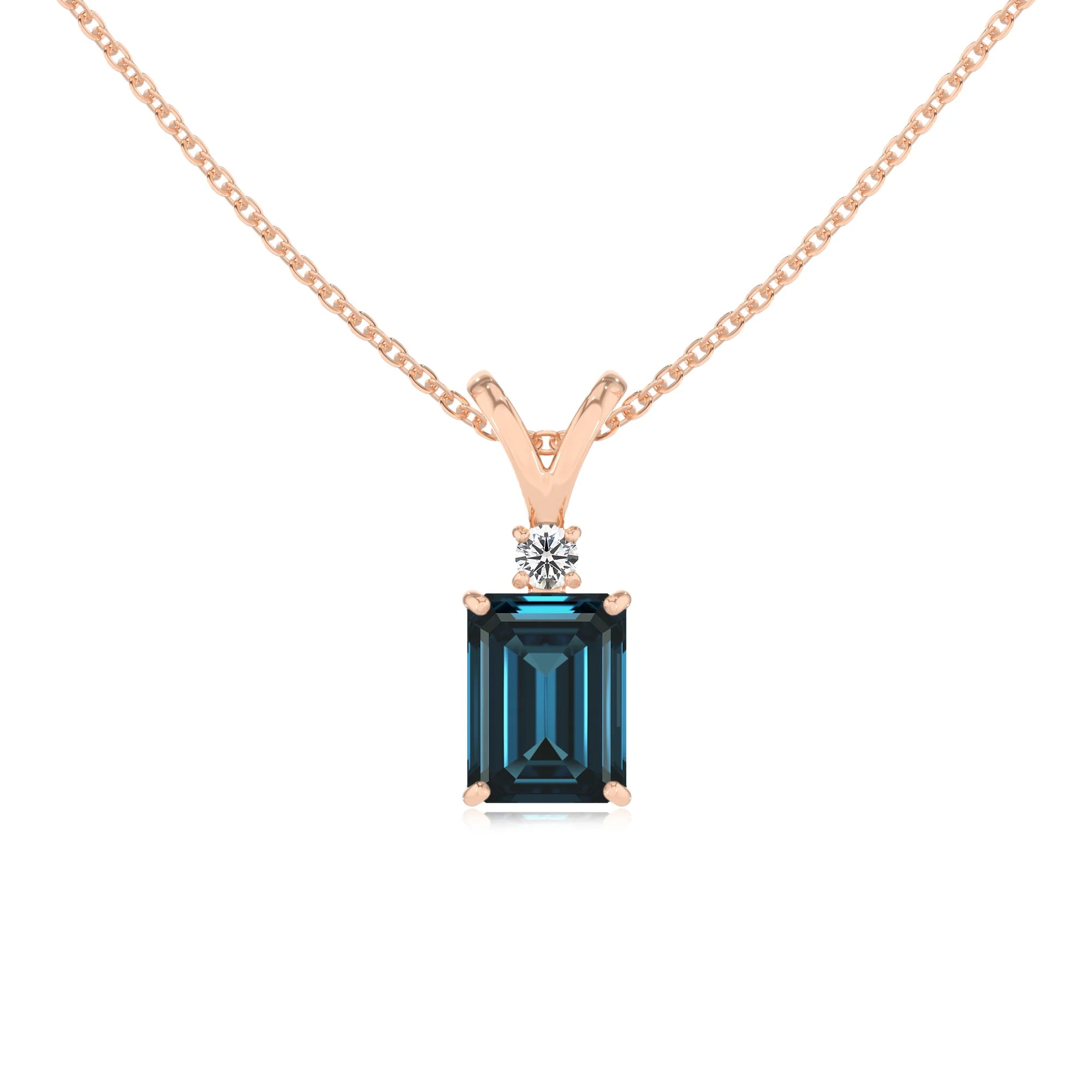 natural london-blue-topaz emerald cut solitaire v-bale necklaces in rose gold