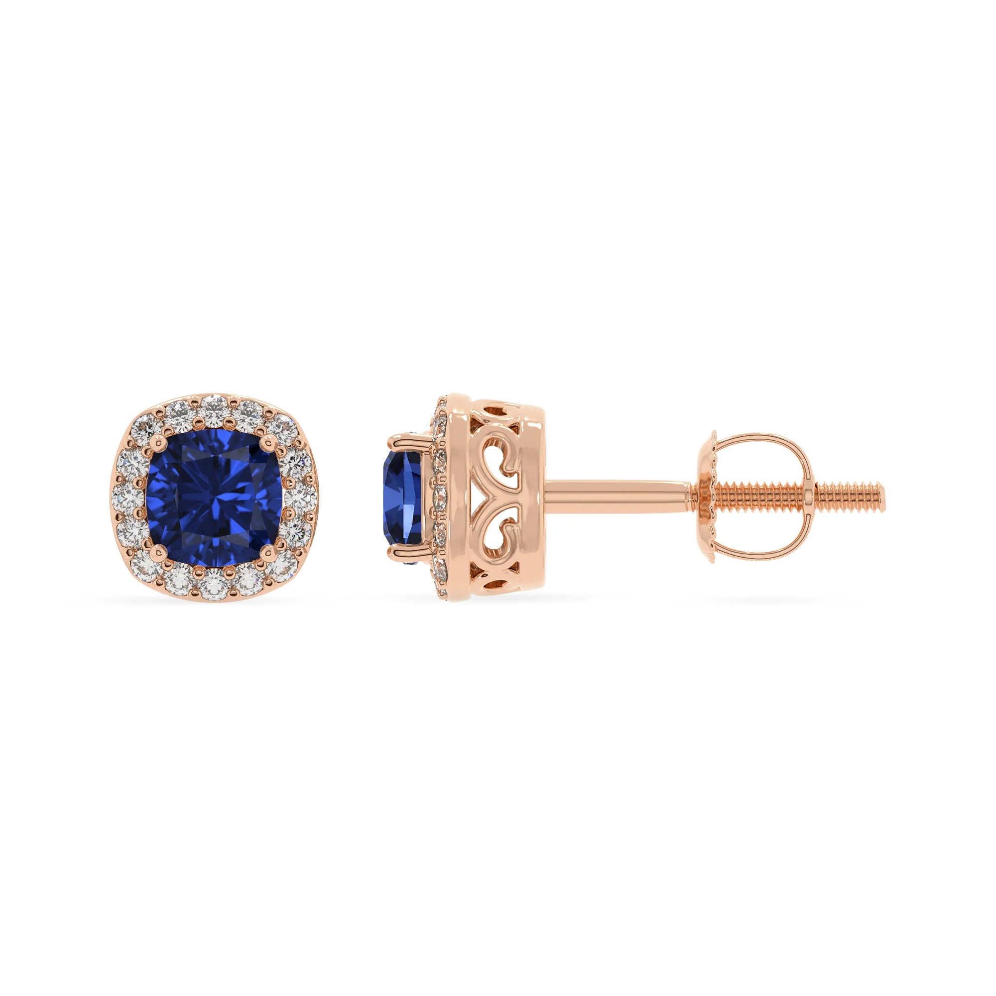 lab grown blue sapphire cushion stud earrings in rose gold