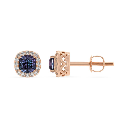 lab grown alexandrite cushion stud earrings in rose gold