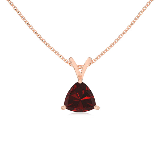 natural garnet trillion solitaire v-bale necklaces in rose gold
