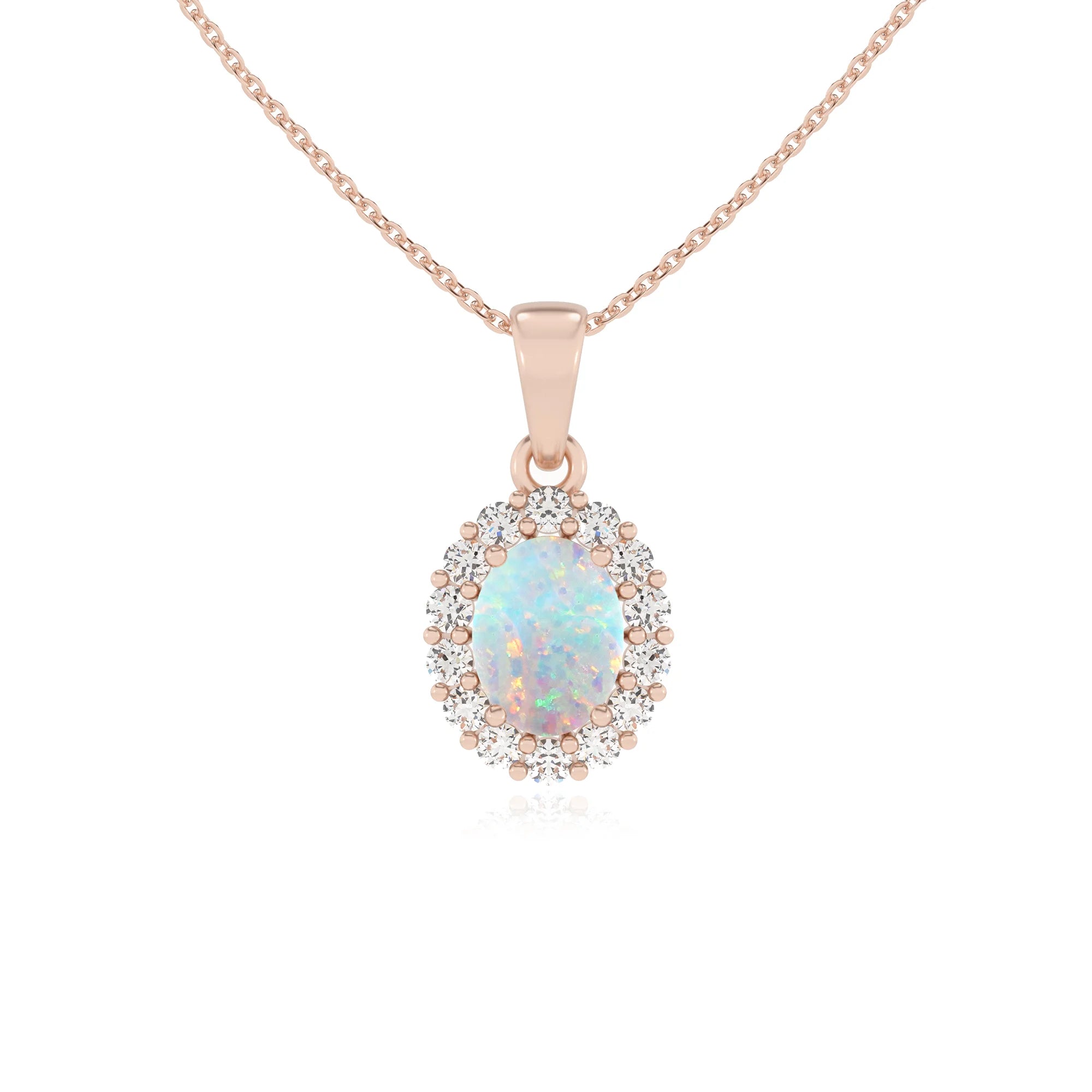 lab grown opal oval solitaire necklaces in rose gold