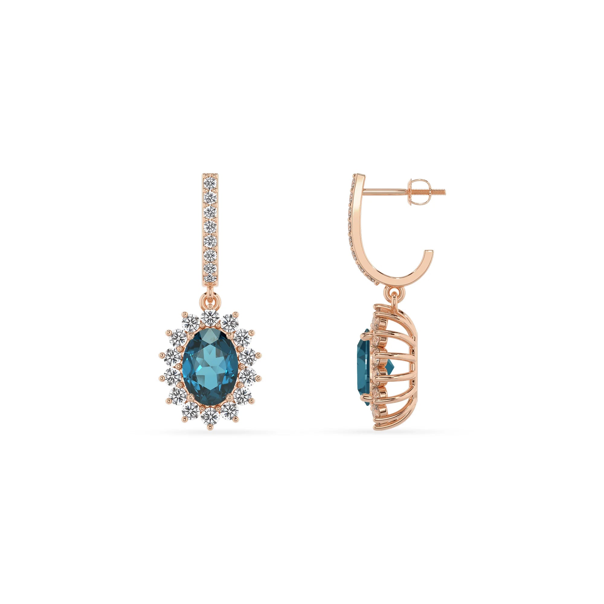 natural london blue topaz oval drop earrings in rose gold
