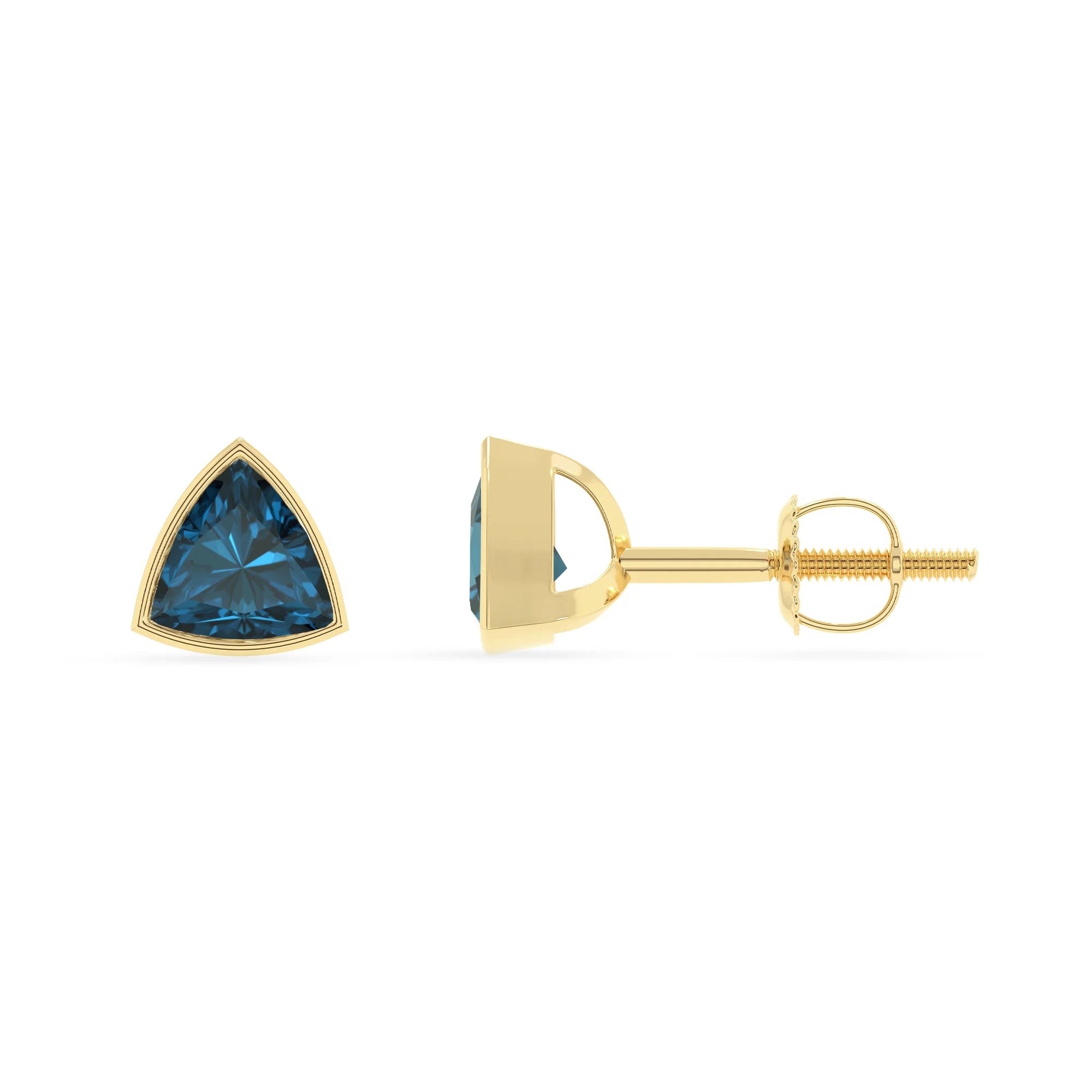 natural london blue topaz trillion stud earrings in yellow gold