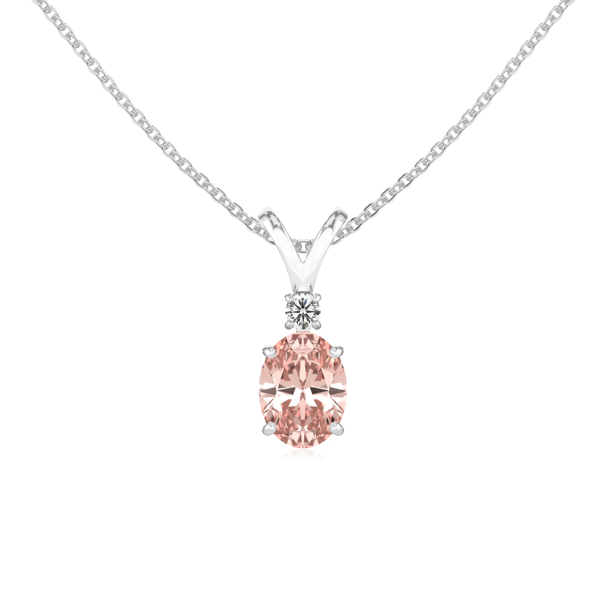 lab grown morganite oval solitaire v-bale necklaces in white gold