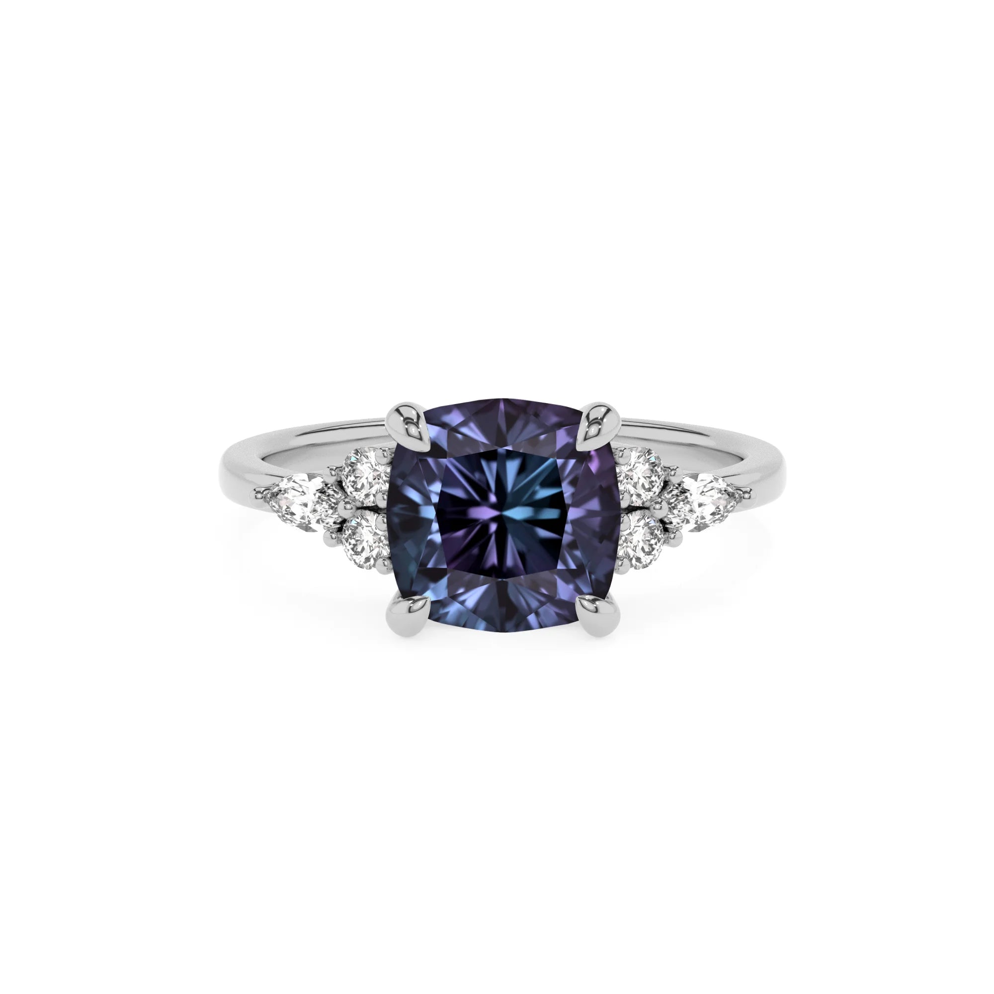 lab grown alexandrite cushion solitaire rings in white gold