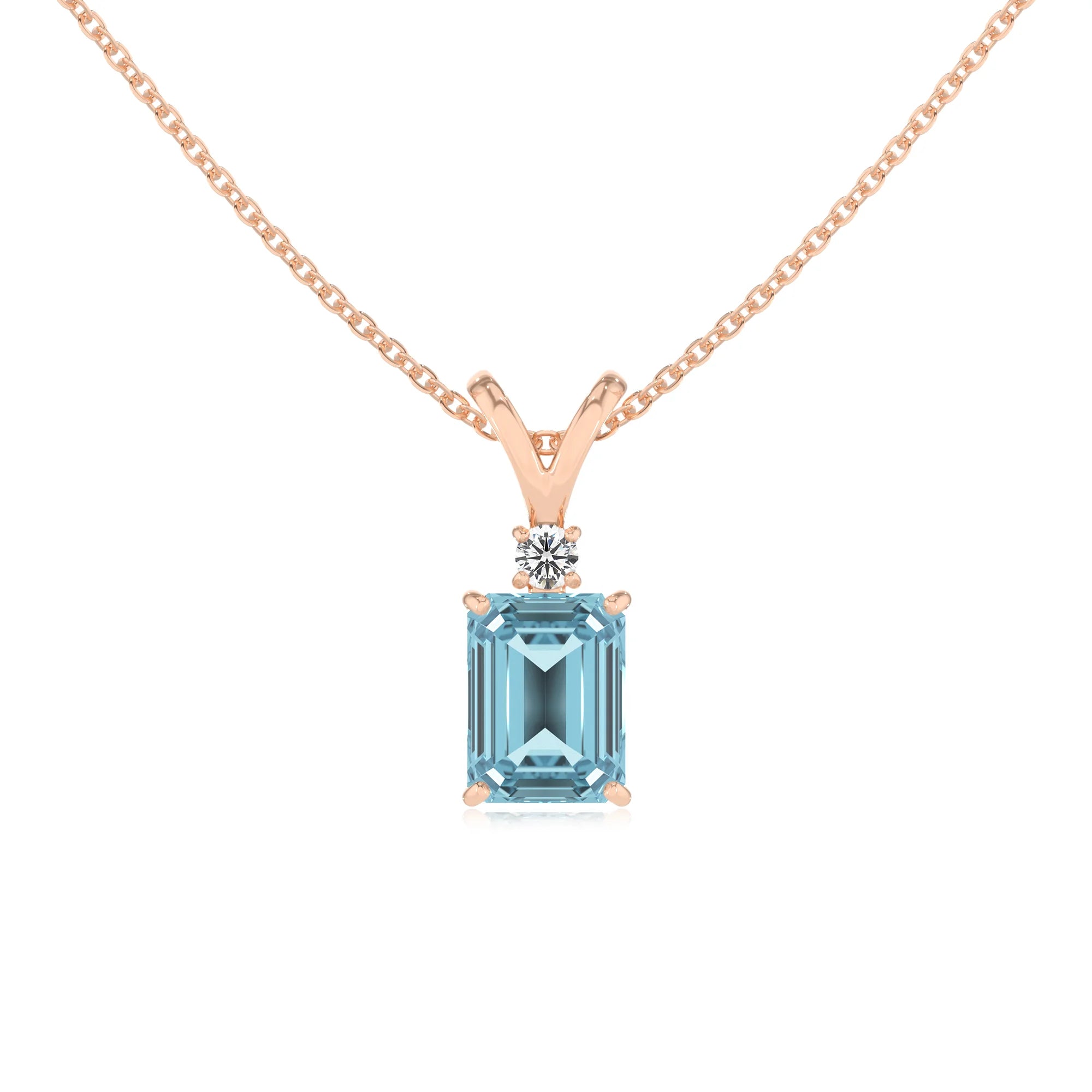 lab grown aquamarine emerald cut solitaire v-bale necklaces in rose gold