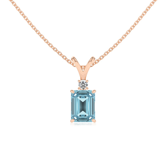 lab grown aquamarine emerald cut solitaire v-bale necklaces in rose gold