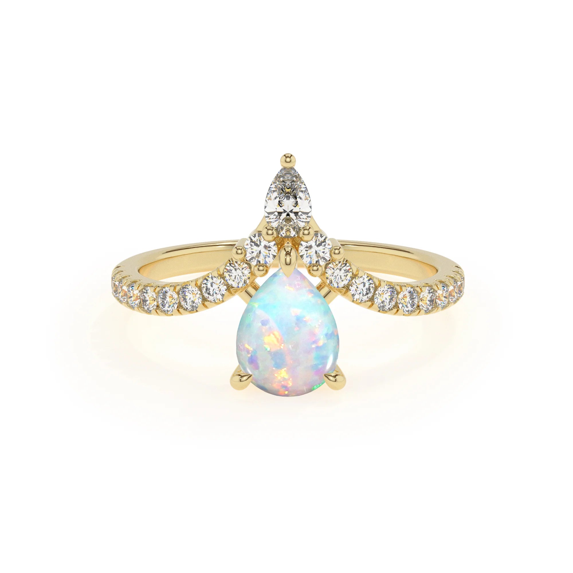 lab grown opal pear solitaire rings in yellow gold