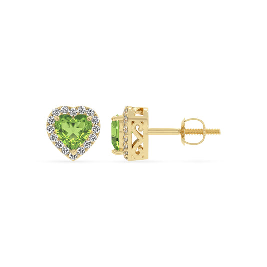 natural peridot heart stud earrings in yellow gold
