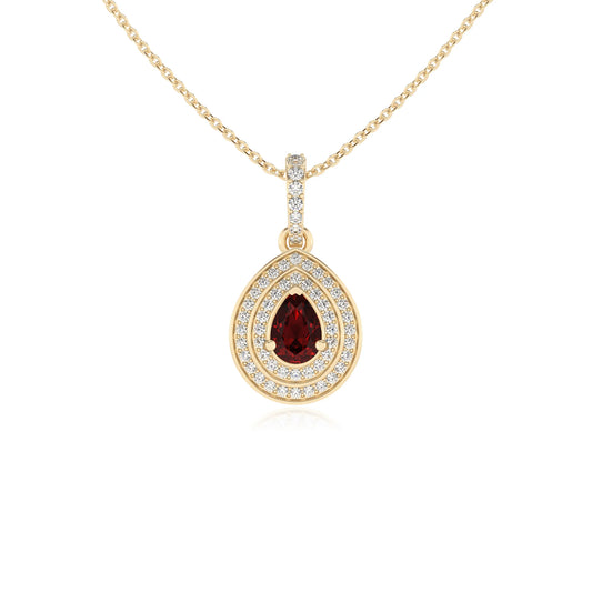 natural garnet pear halo necklaces in yellow gold