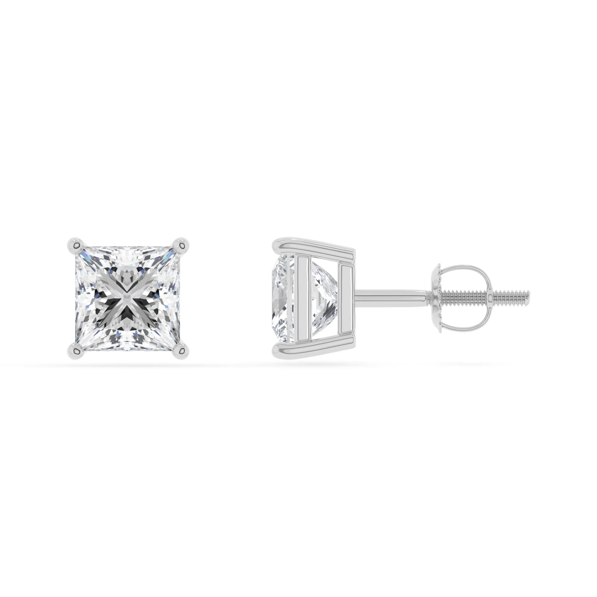 lab grown moissanite princess stud earrings in white gold