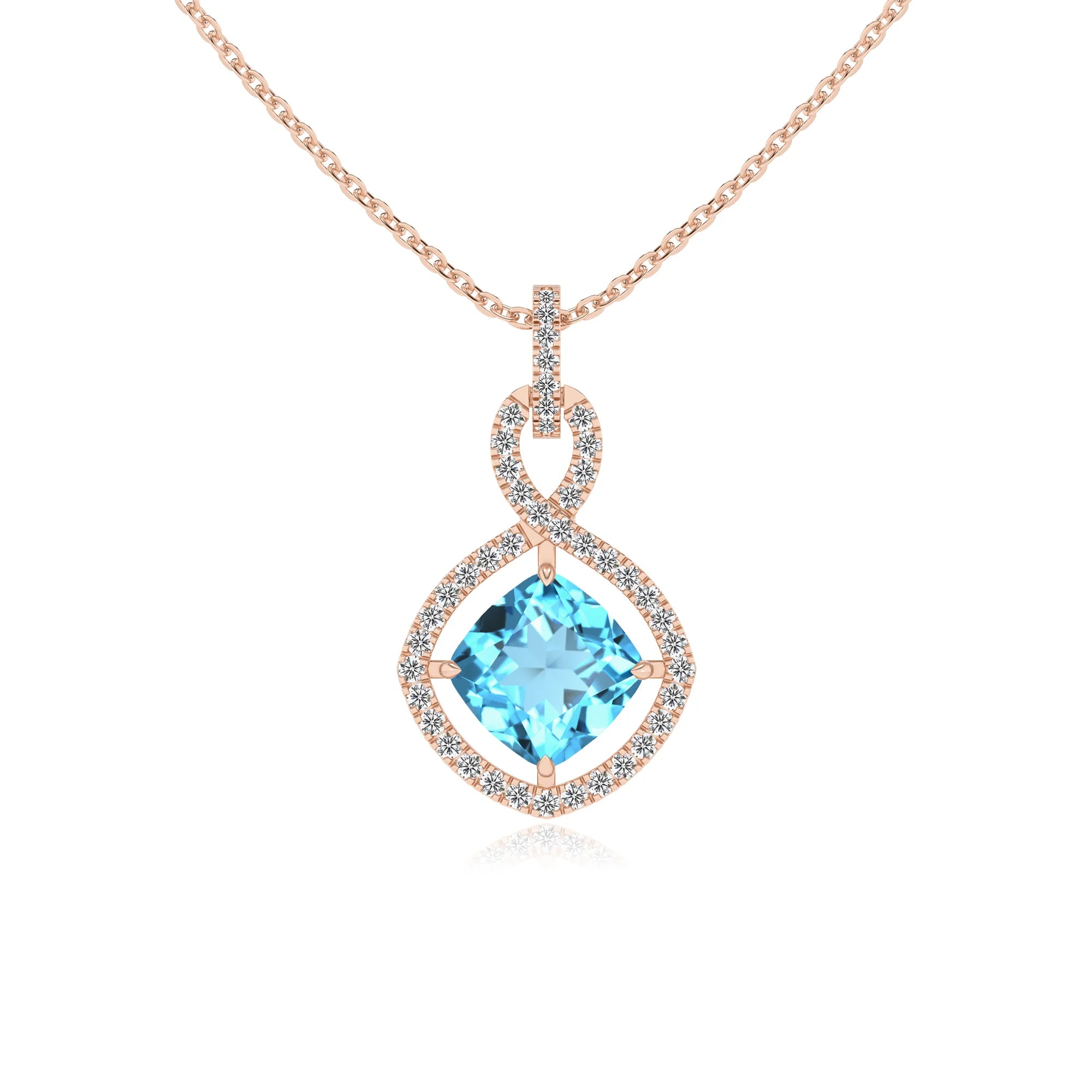 natural swiss-blue-topaz cushion infinity necklaces in rose gold
