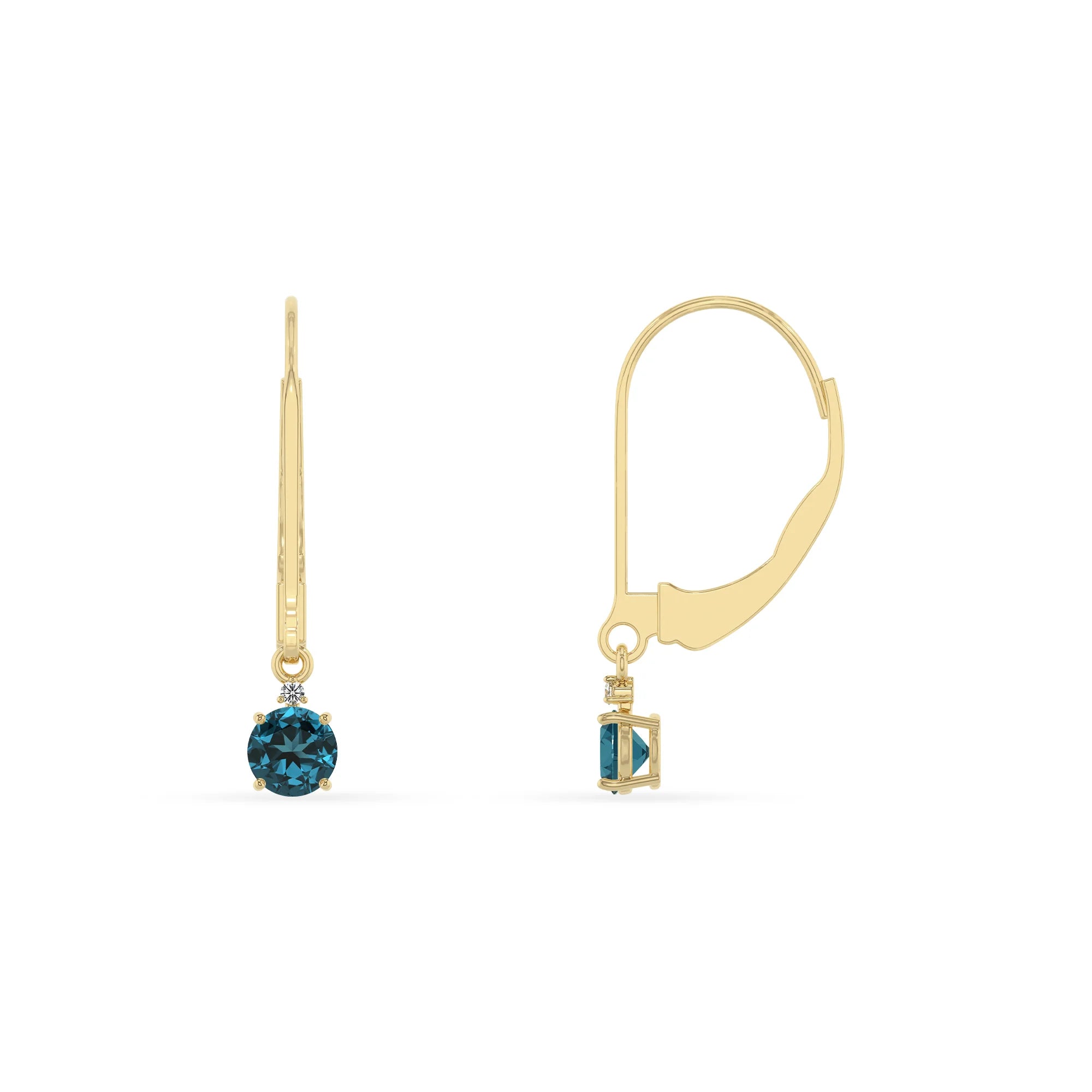natural london blue topaz round drop earrings in yellow gold