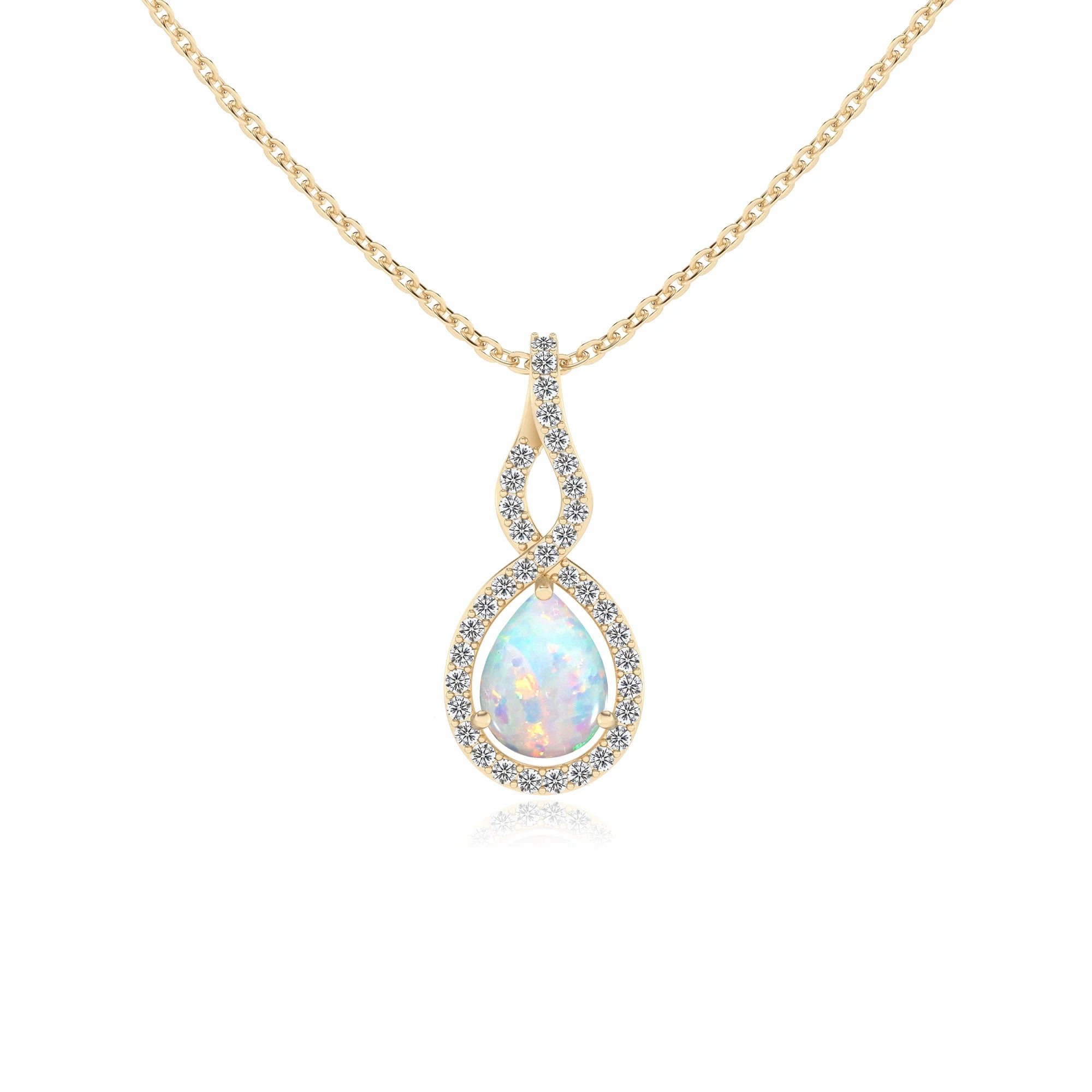 lab grown opal pear necklaces in yellow gold