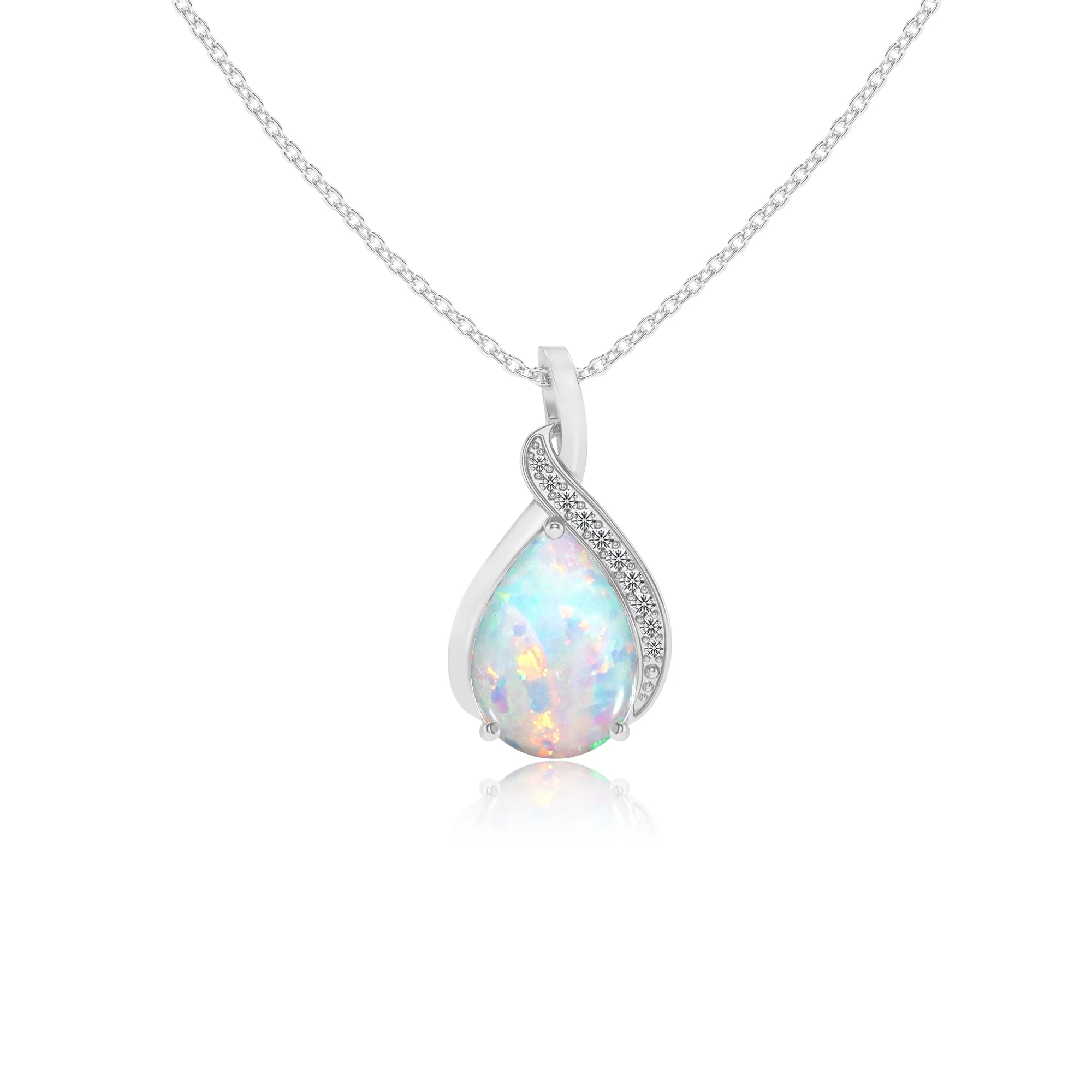 lab grown opal pear solitaire necklaces in platinum