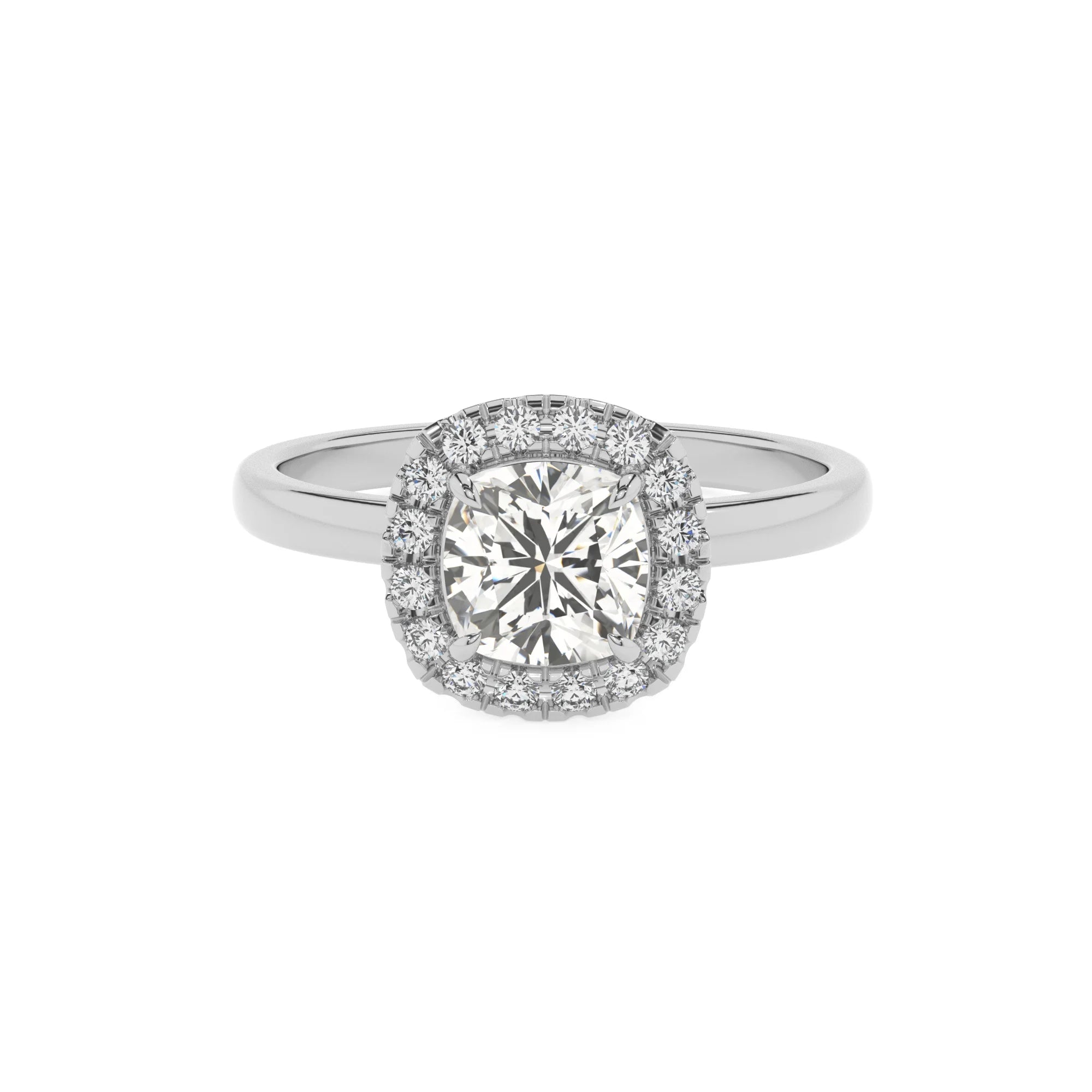 lab grown moissanite cushion solitaire rings in white gold