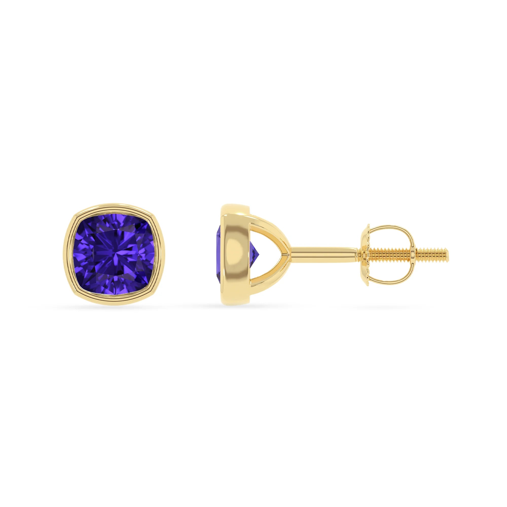 lab grown tanzanite cushion stud earrings in yellow gold