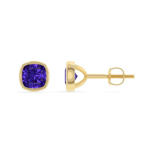 lab grown tanzanite cushion stud earrings in yellow gold