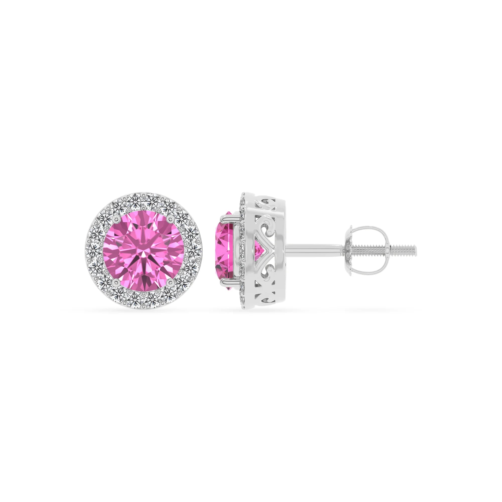 lab grown pink sapphire round stud earrings in platinum