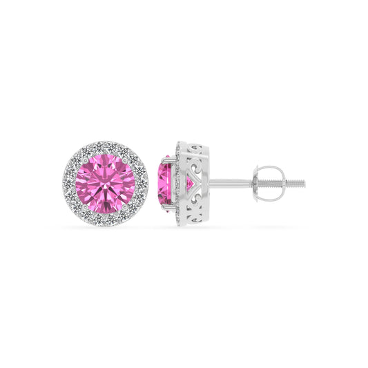 lab grown pink sapphire round stud earrings in platinum