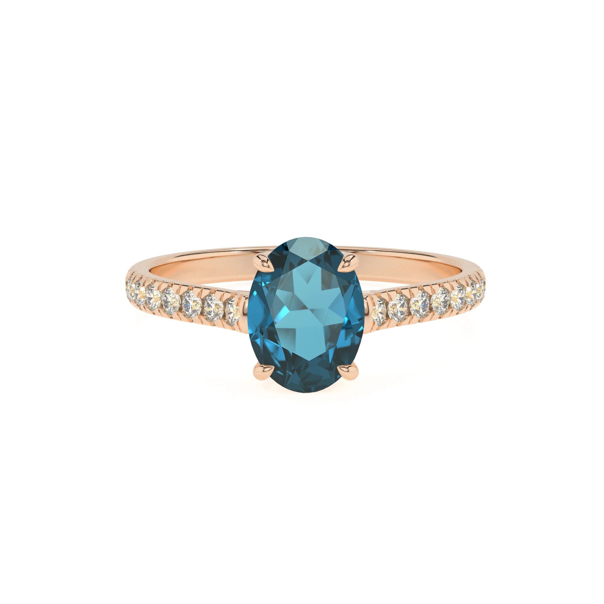 natural london-blue-topaz oval half eternity solitaire engagement rings in rose gold