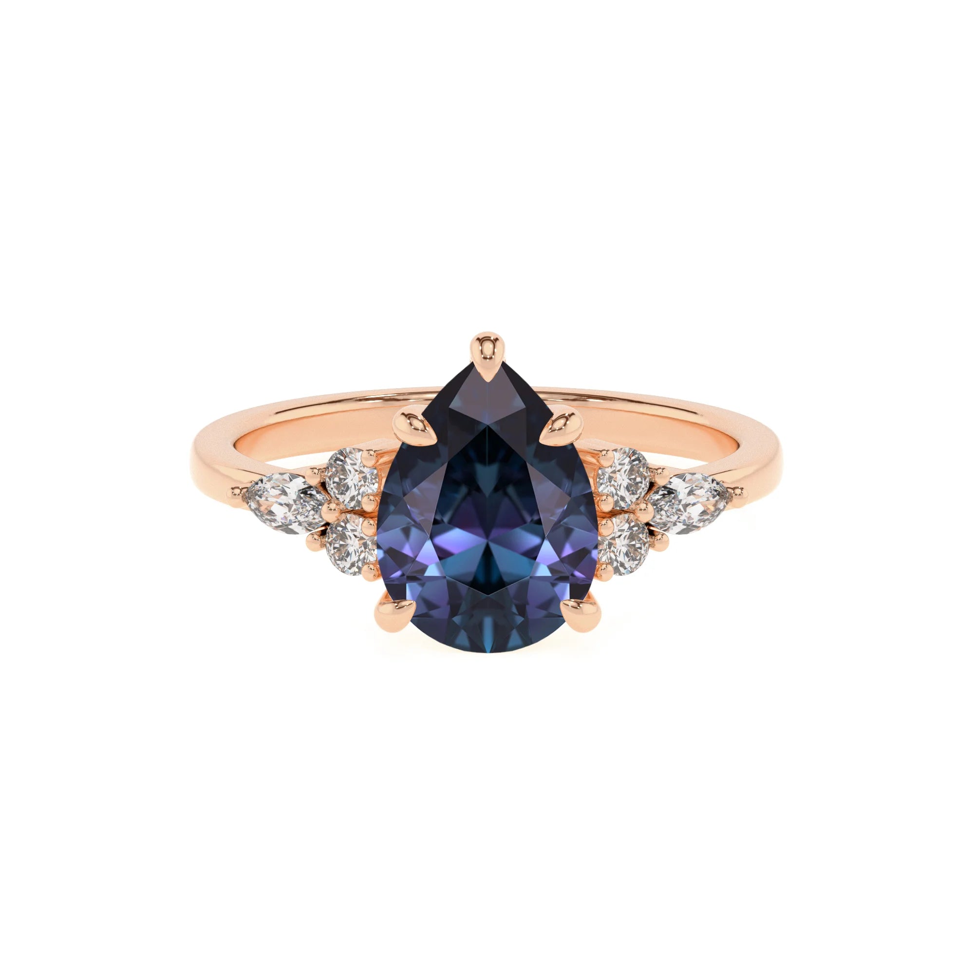 lab grown alexandrite pear solitaire rings in rose gold