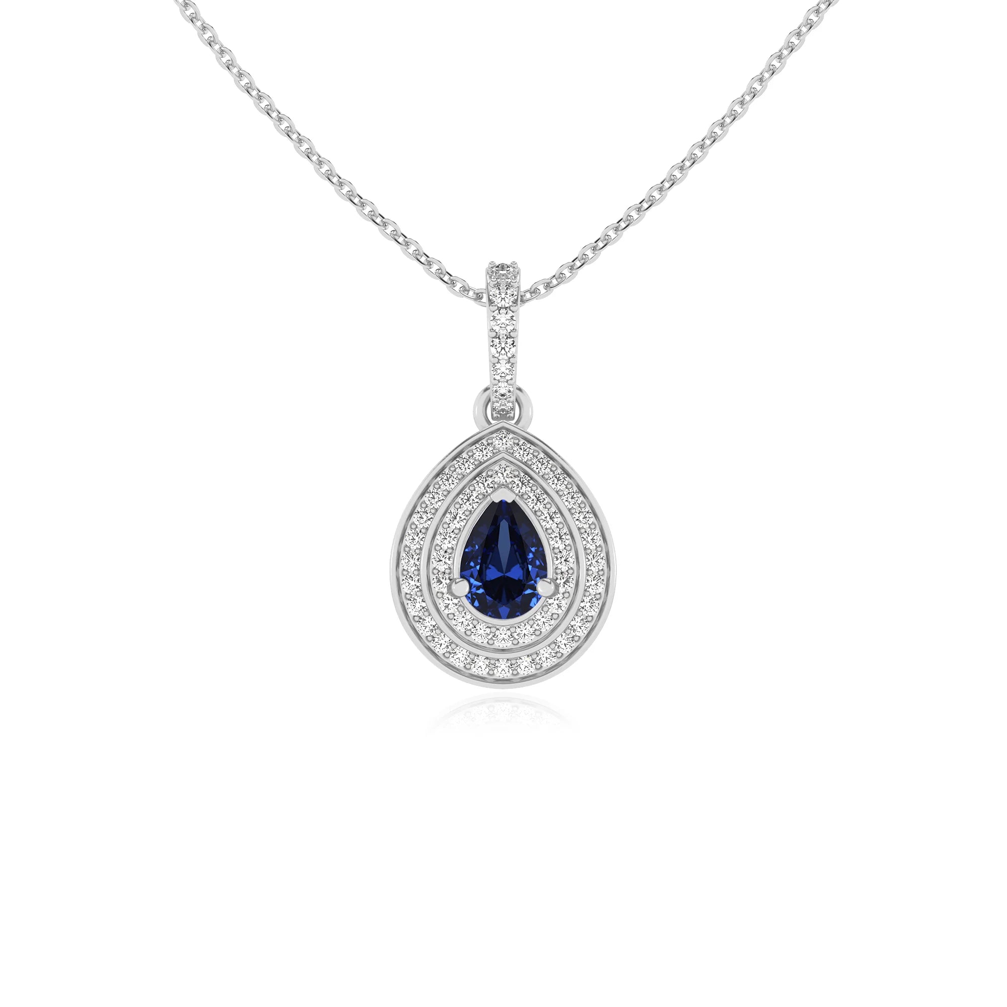 lab grown blue-sapphire pear halo necklaces in white gold