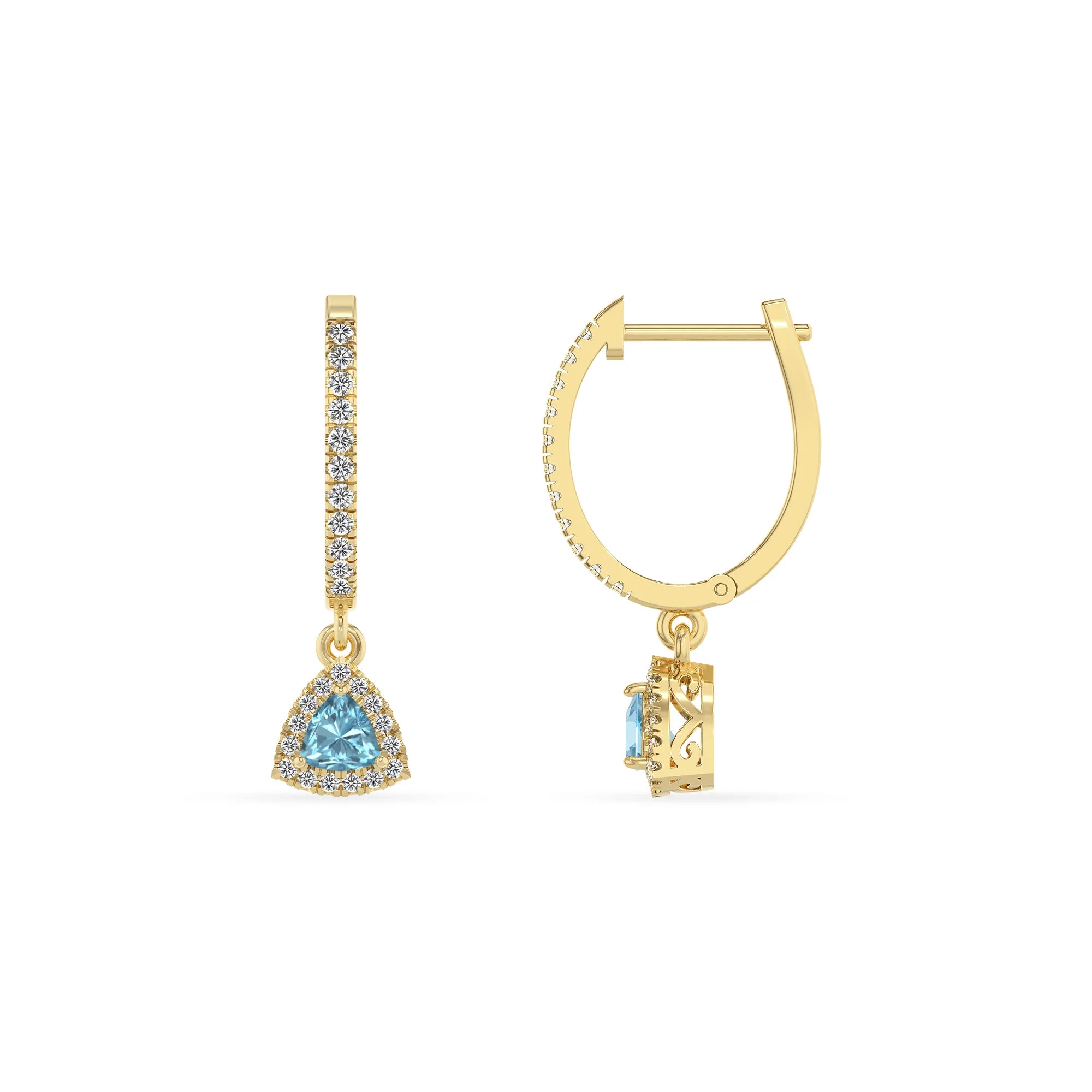 lab grown aquamarine trillion drop earrings in yellow gold