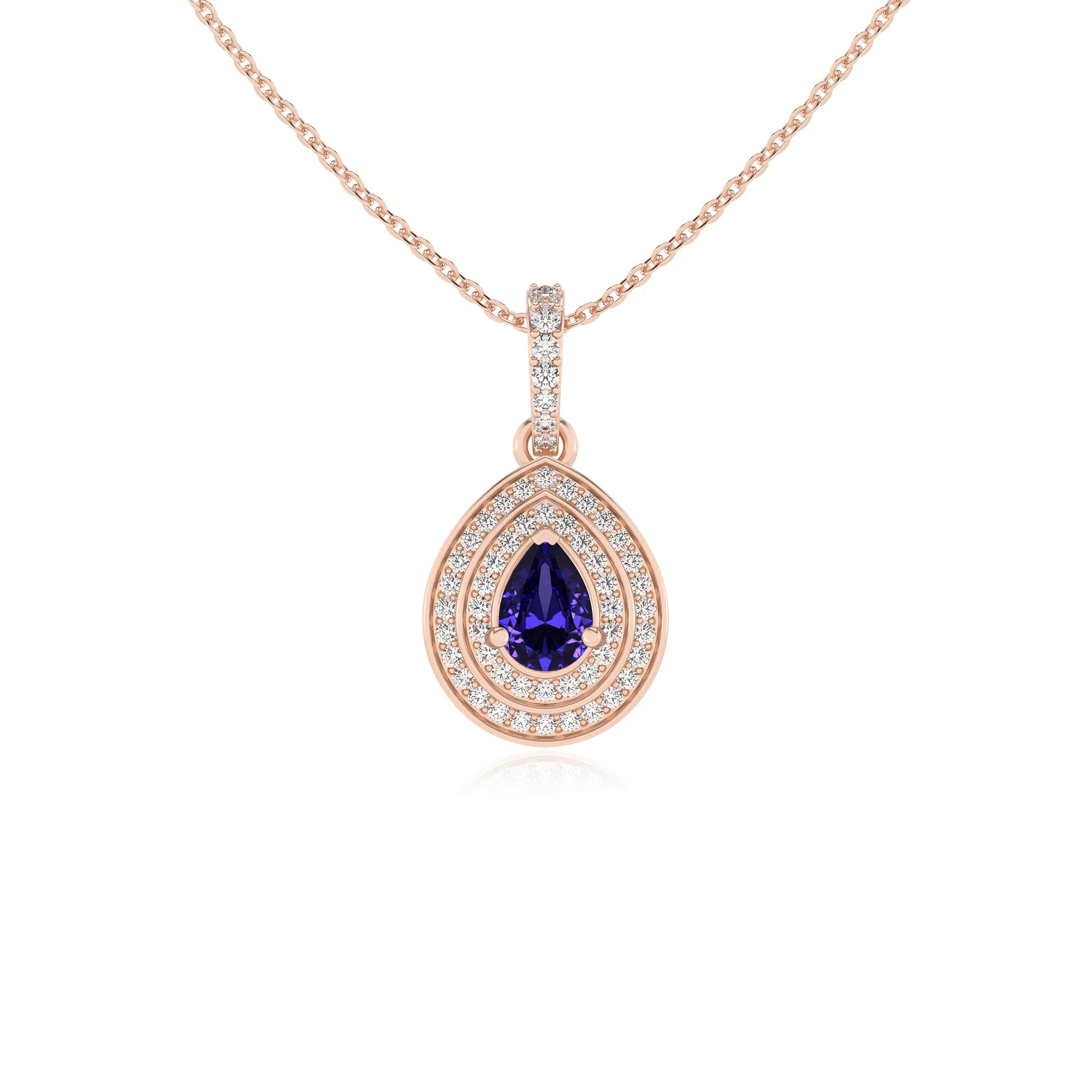 lab grown tanzanite pear halo necklaces in rose gold