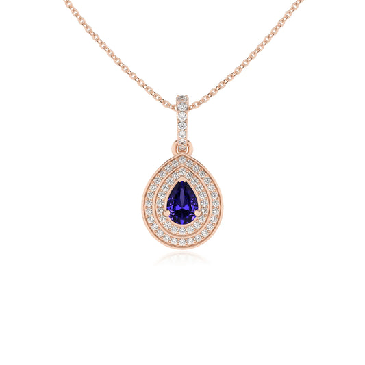 lab grown tanzanite pear halo necklaces in rose gold