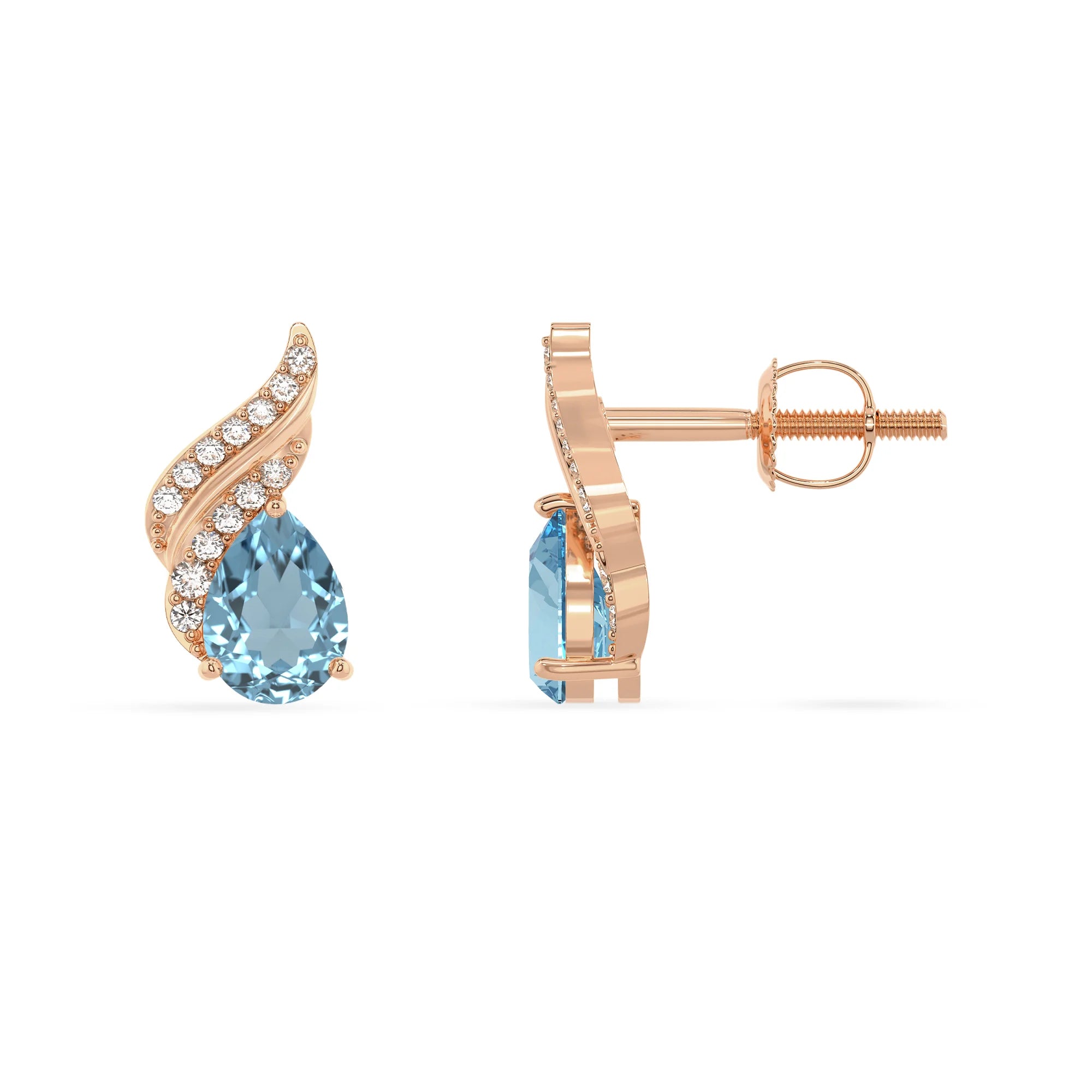 lab grown aquamarine pear stud earrings in rose gold