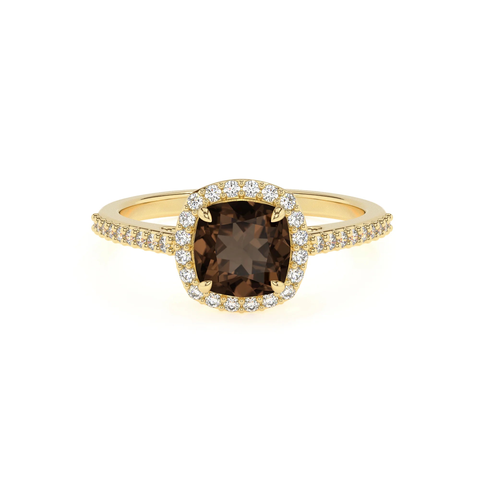 natural smoky-quartz cushion solitaire rings in yellow gold