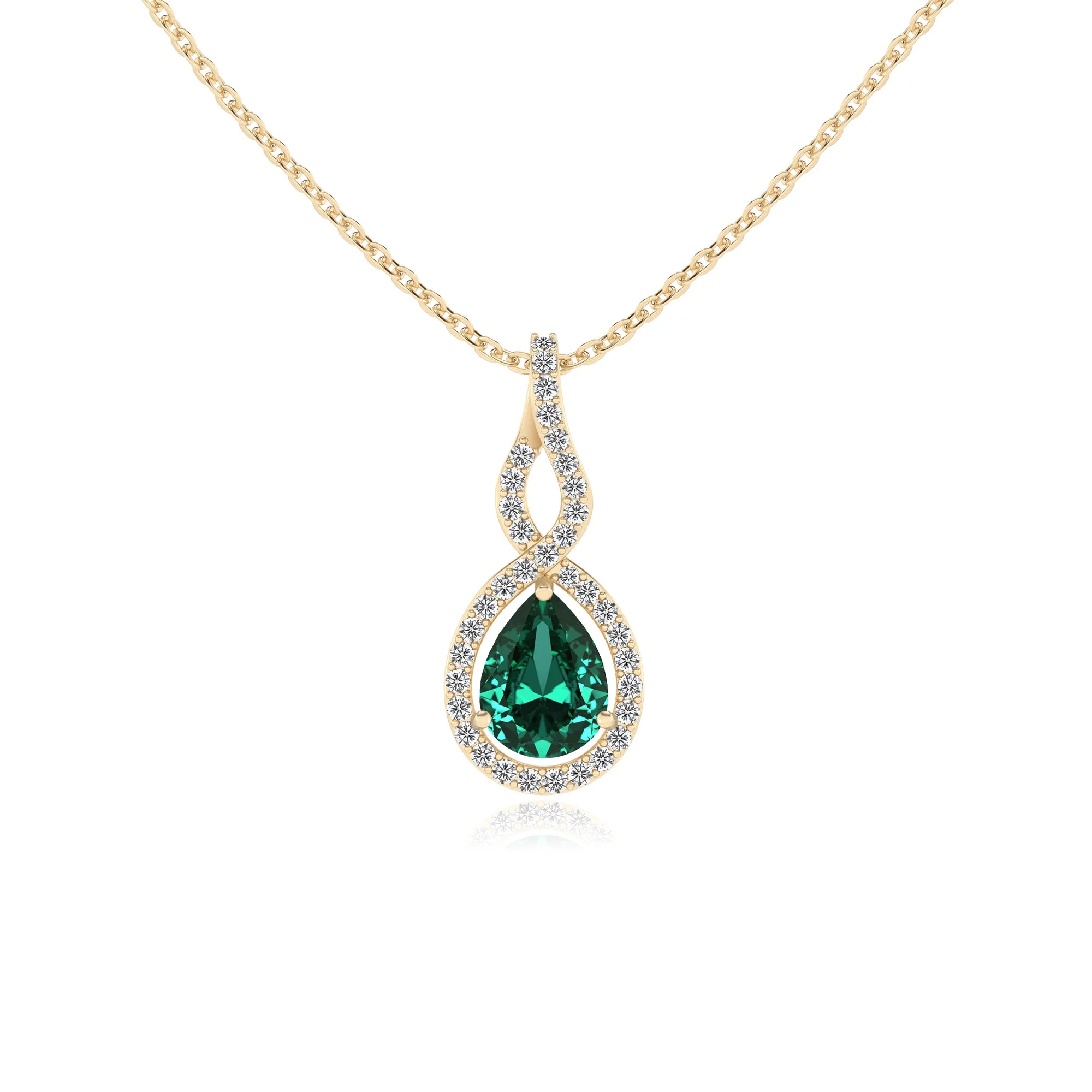 lab grown emerald pear necklaces in yellow gold