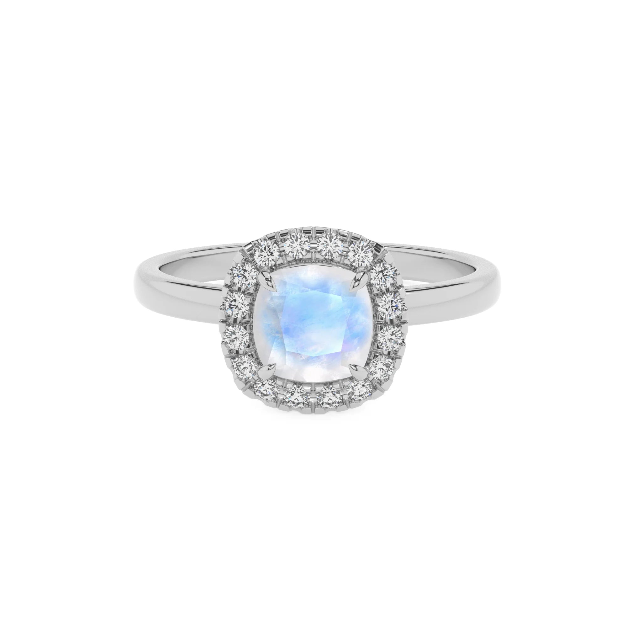 natural rainbow-moonstone cushion solitaire rings in sterling silver