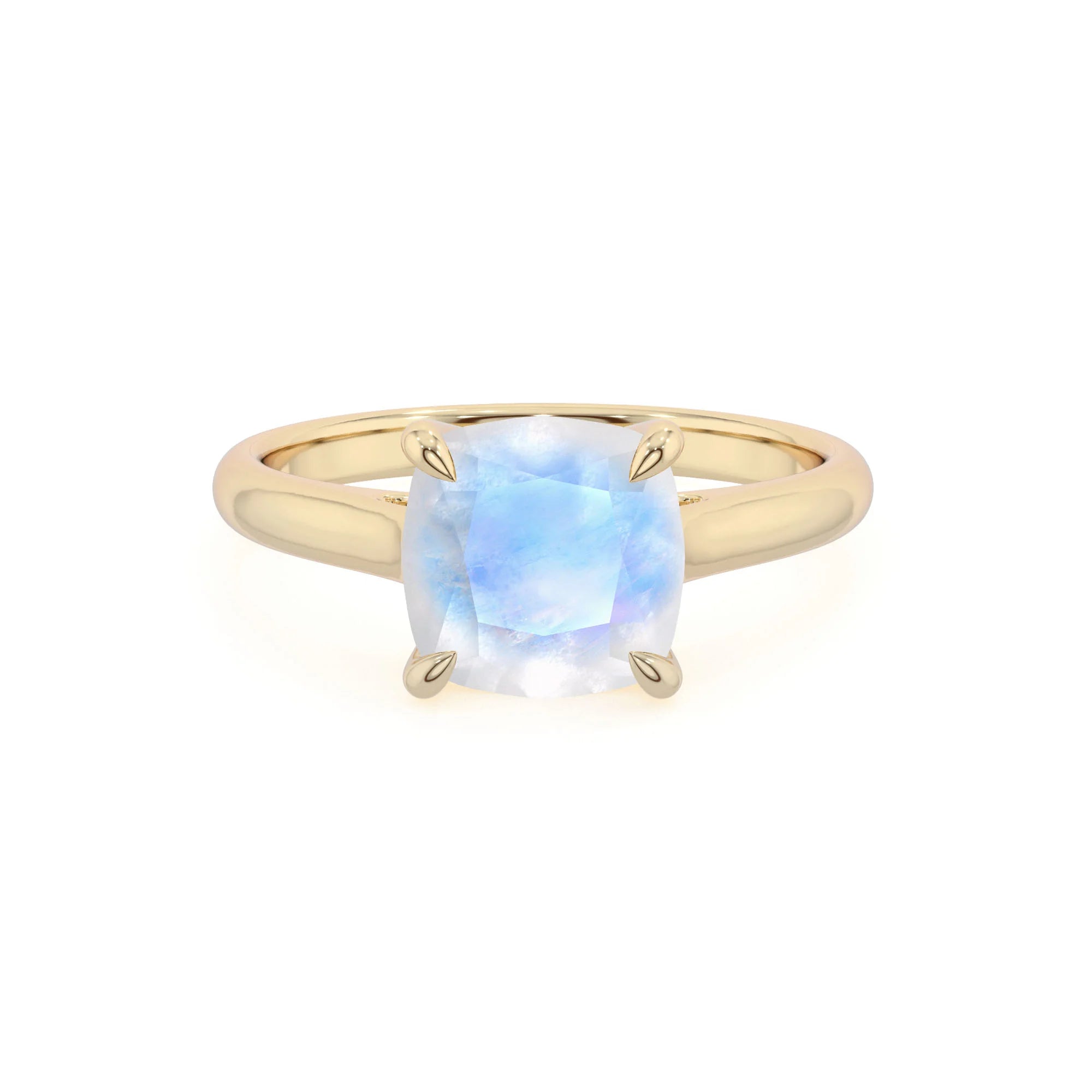 natural rainbow-moonstone cushion solitaire rings in yellow gold
