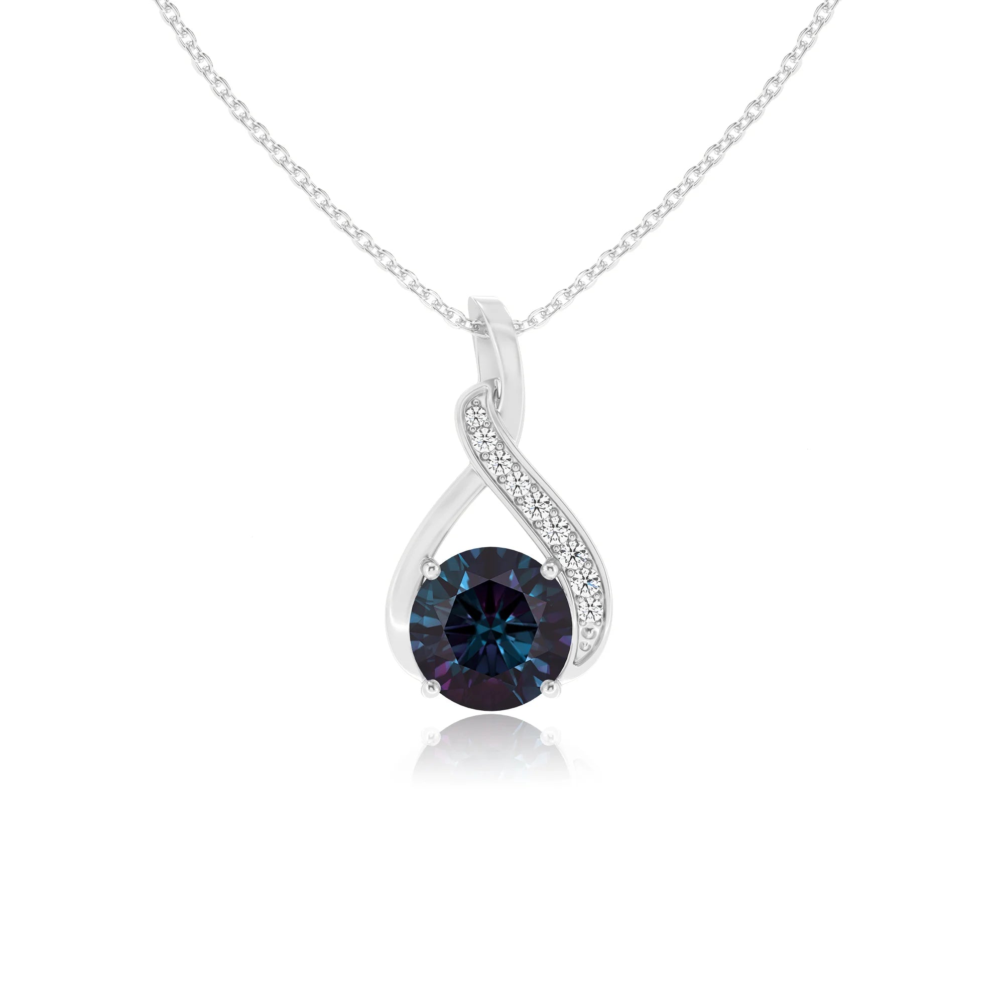 lab grown alexandrite round solitaire necklaces in white gold