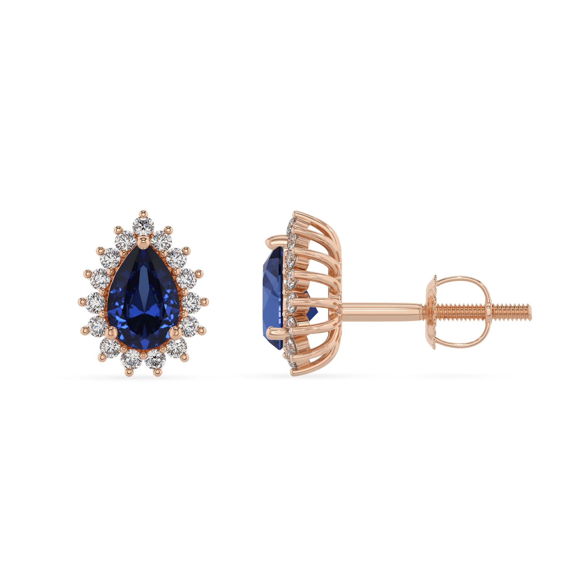 lab grown blue sapphire pear stud earrings in rose gold