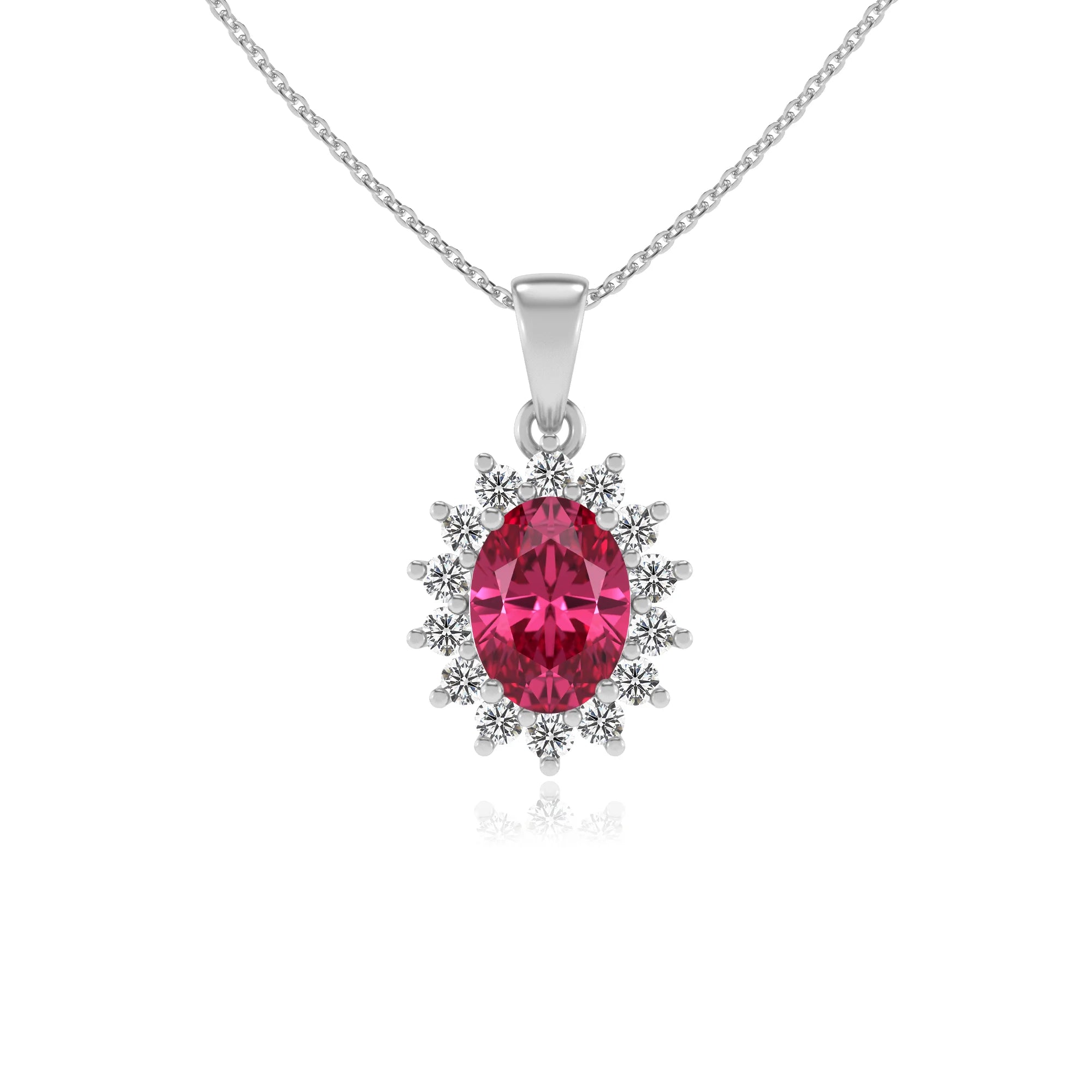 lab grown pink-tourmaline oval halo necklaces in platinum