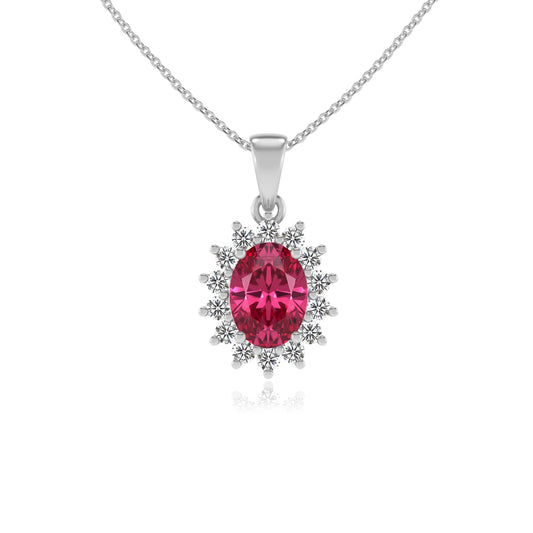 lab grown pink-tourmaline oval halo necklaces in platinum