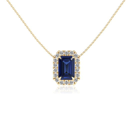 lab grown blue sapphire emerald cut solitaire necklaces in yellow gold