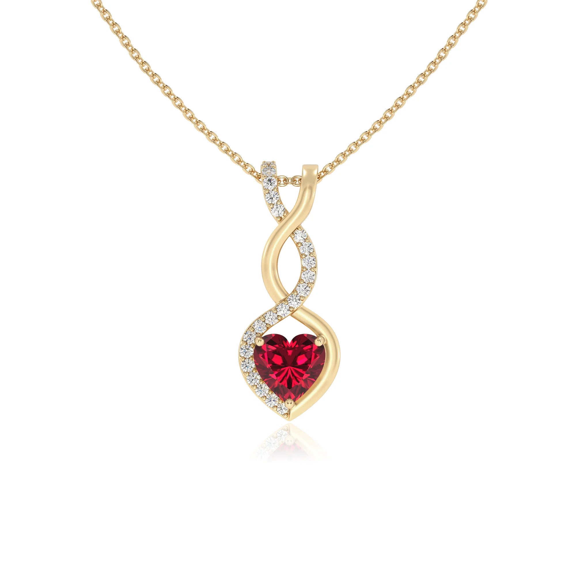 lab grown ruby heart infinity necklaces in yellow gold
