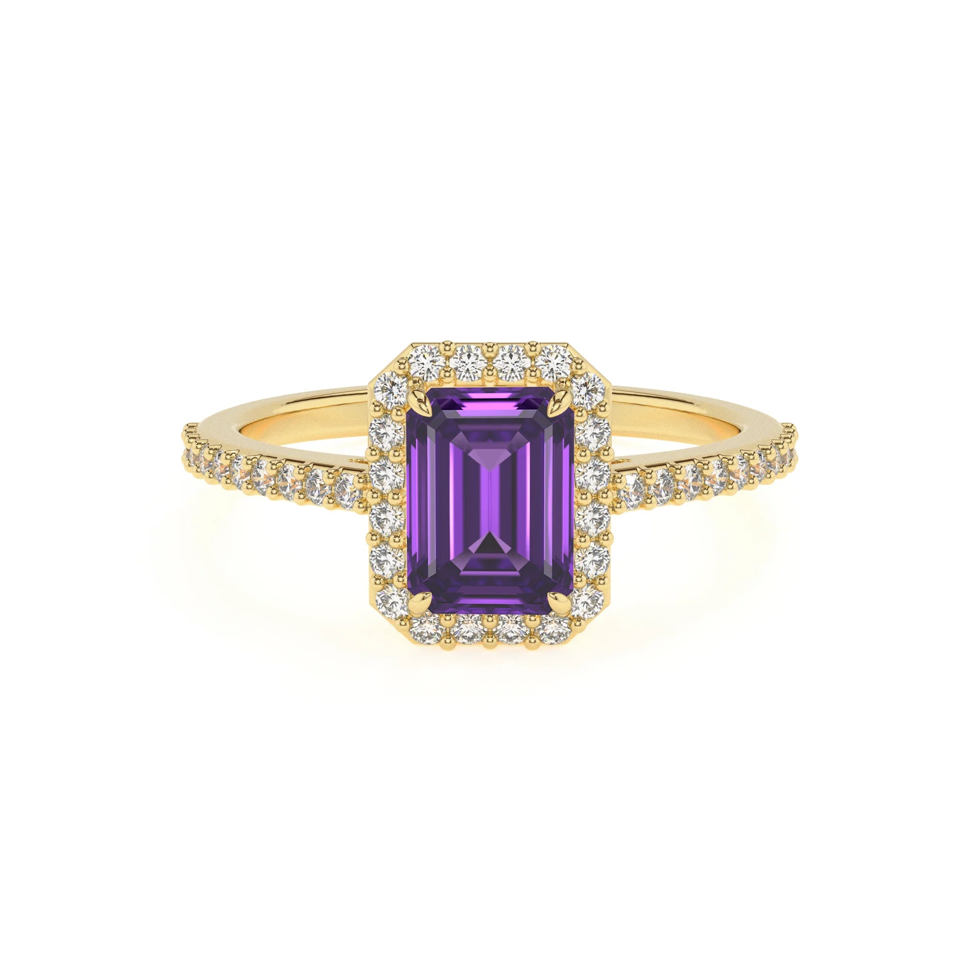 lab grown amethyst emerald cut solitaire rings in yellow gold