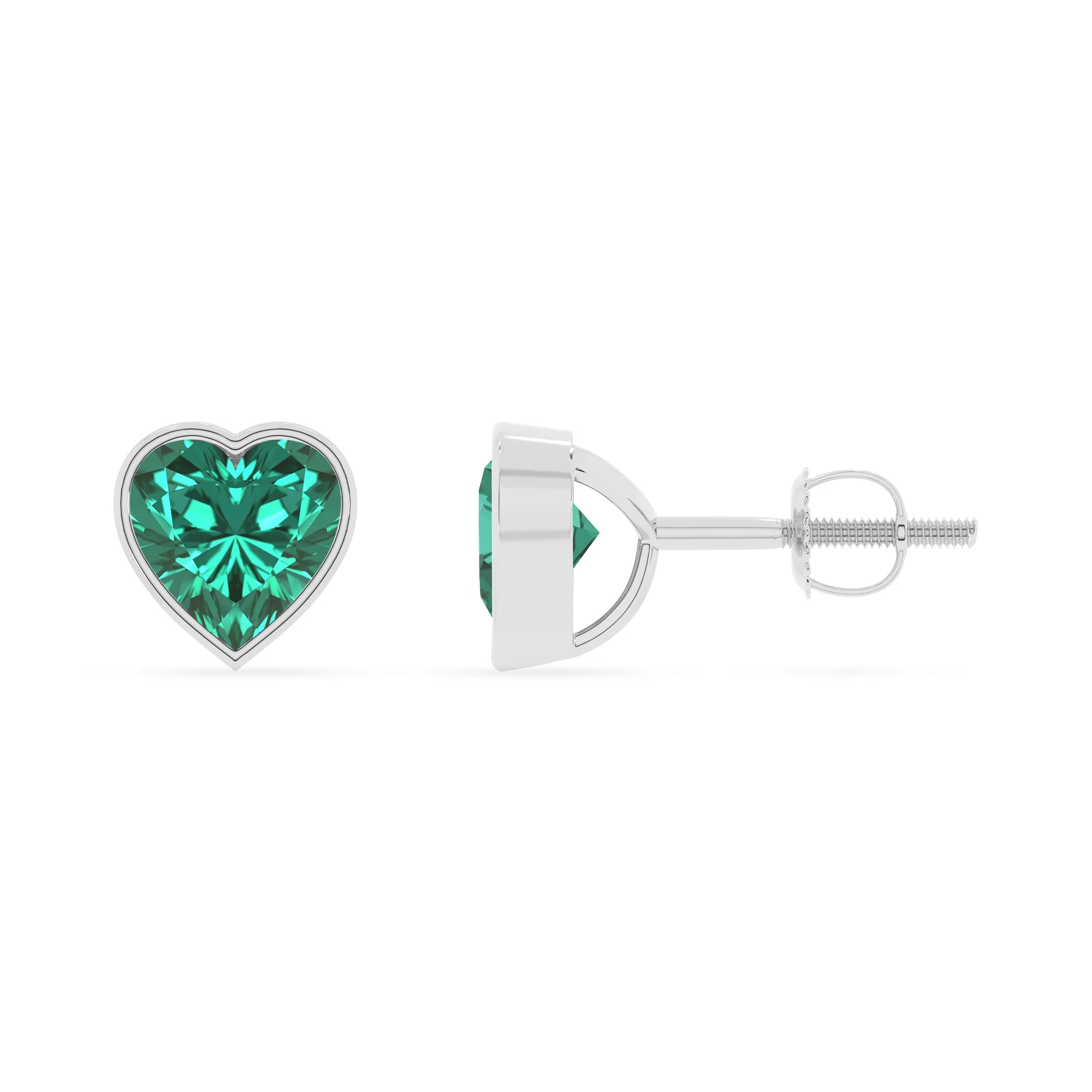 lab grown emerald heart stud earrings in white gold